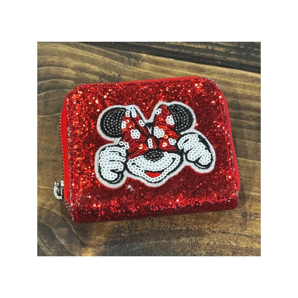 Disney Minnie Mouse Wallet Red Glitter Sequin Zip Around Small
